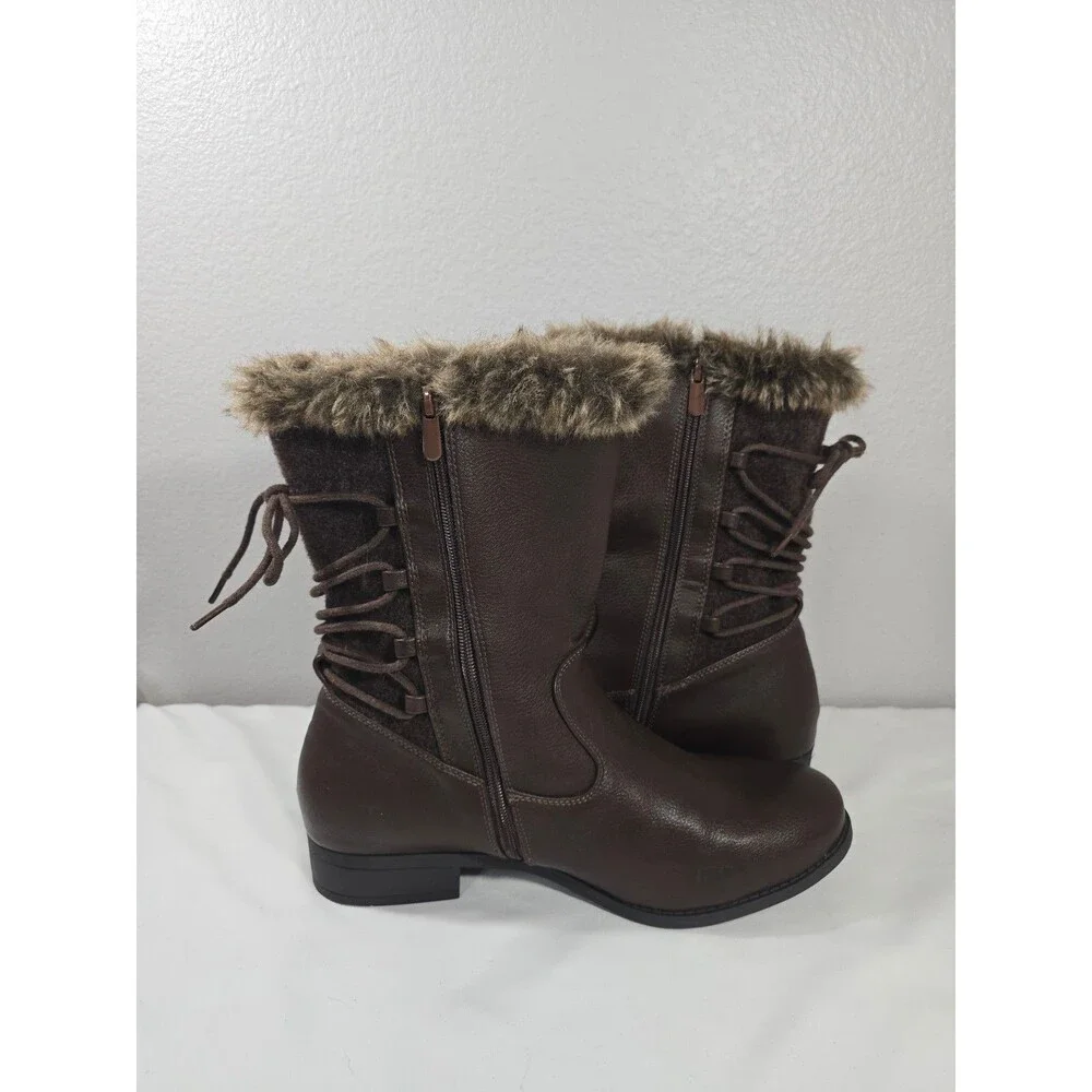 Torrid Faux Fur Trimmed Mid-Calf Boots Brown Lace up Size 12W Wide Calf
